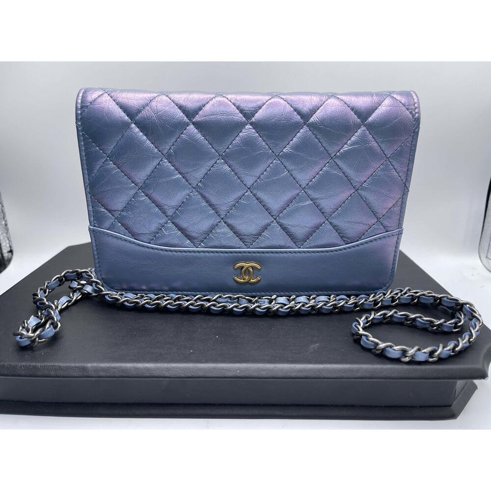 Chanel Iridescent Calfskin Quilted Gabrielle Wallet on Chain WOC Blue SPB 364325